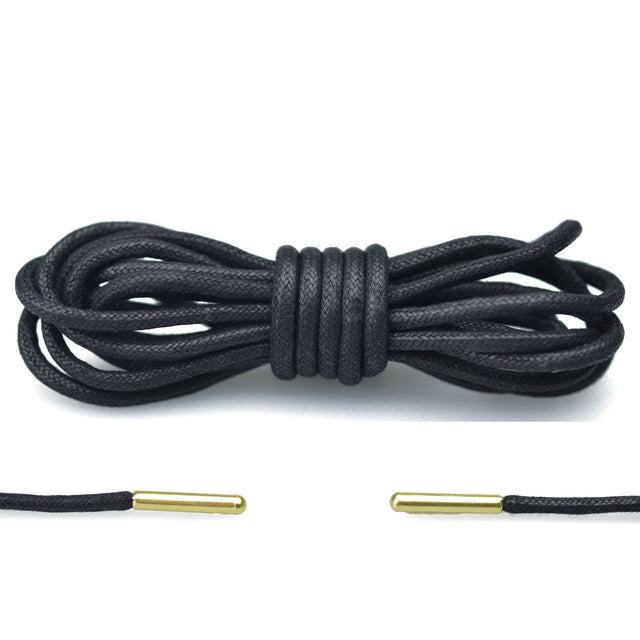 Aholic Waxed Shoelaces with Metal Tips (上蠟金屬頭圓鞋帶) - Black/Gold (黑/金)-Shoelaces-Navy Selected Shop