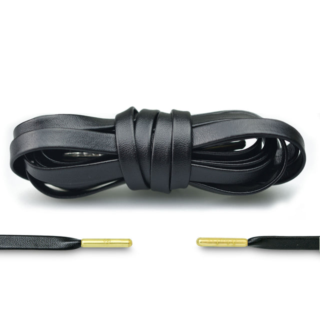 Aholic Venus Leather Shoelaces with Metal Tips (奢華皮革鞋帶) - Obsidian Black/Gold (曜石黑金)-Shoelaces-Navy Selected Shop
