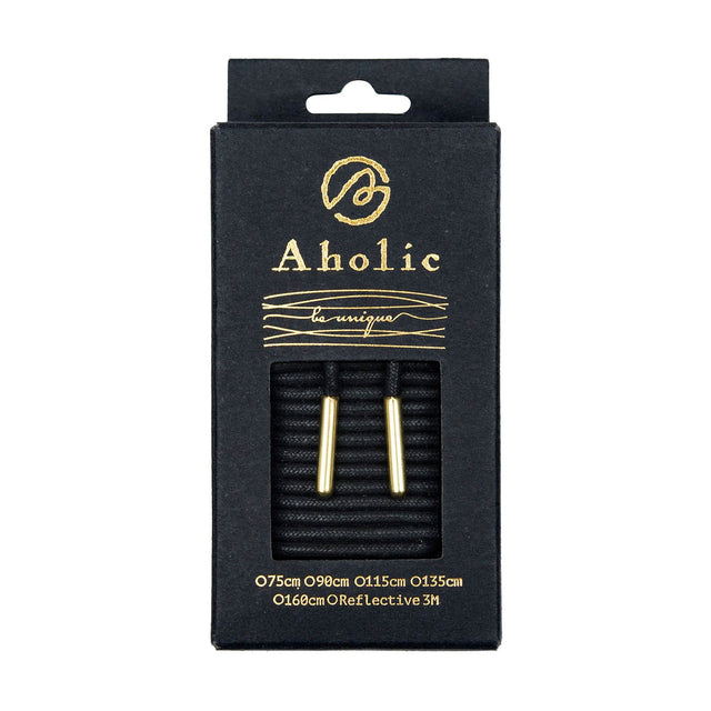 Aholic Waxed Shoelaces with Metal Tips (上蠟金屬頭圓鞋帶) - Black/Gold (黑/金)-Shoelaces-Navy Selected Shop