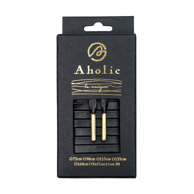 Aholic Venus Leather Shoelaces with Metal Tips (奢華皮革鞋帶) - Obsidian Black/Gold (曜石黑金)-Shoelaces-Navy Selected Shop